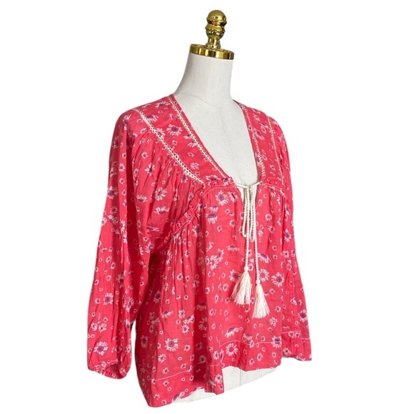 FREE PEOPLE Never A Dull Moment Floral Boho Peasant Oversized Cotton Blouse Sz S - Picture 8 of 12